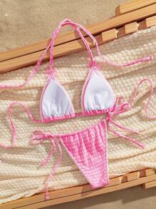 PEPPERMOLLY New Style Plaid Bow Decor Elegant Halter Lace-Up Bikini Set, Women Fashion Beach Swimwear For Summer - Rose Red - View 2