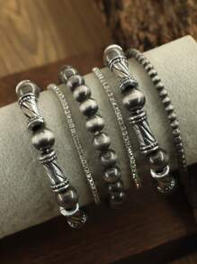 6pcs/Set Handmade Style Totem Carved Antique Silver Effect Bead Buttons Stackable Elastic Bracelets Set, Pattern Beads Multi-Piece Stretch Bracelet