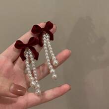 1pc New Vintage Hong Kong Style Wine Red Flocked Bow S925 Silver Needle Earring, 2-In-1 Pearl Earring For Autumn/Winter