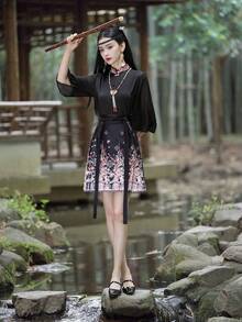 Spring & Summer Elegant Chinese Style Flower Embroidery Hanfu Top Tunic, Halloween