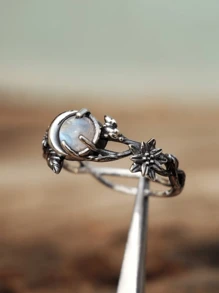 1pc Retro Boho Moonstone Women Engagement Ring, Perfect For Anniversary Or Wedding Gift For Her/Him - Antique Silver - View 4