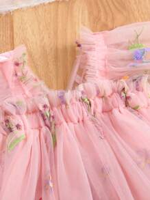 1 pieza Vestido elegante de princesa lindo para niña con adorno de mariposa 3D, manga corta, bordado floral de tul, tutú para fiesta, cumpleaños, vacaciones en la playa, primavera/verano/otoño