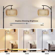 Arc Floor Lamp With Remote Control, Dimmable LED Floor Lamp With 3 Color Temperature, Black Standing Lamp With Rattan & Fabric Double Drum Shade, Boho Farmhouse Tall Pole Lamp For Living Room Bedroom - 查看 2