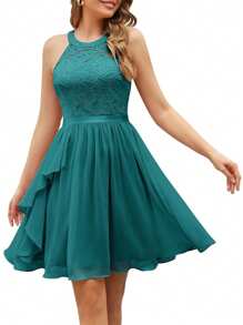 Vestido de encaje,Vestidos de dama de honor,Encaje,Adorno de cinturón,Dobladillo con volantes,Elegante,De moda,Ligero y fluido,Asimétrico,Adecuado para cenas formales,Cócteles