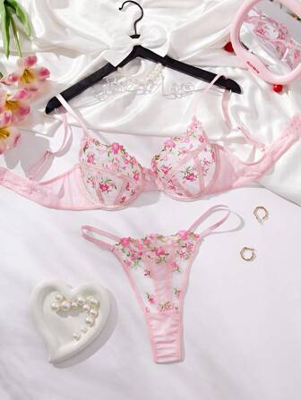 花卉刺绣网眼性感内衣套装，女士胸罩和内裤