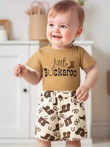 Baby Boys Western Shorts Sets Short Sleeve O Neck Letter Print Tops And Boots Print Shorts Sets
