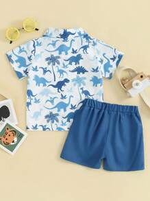 Boys Summer Set, Lapel Neck Short Sleeve Button Down Tops + Elastic Waist Shorts Toddler 2 Piece Dinosaur Outfits - Deep Sky Blue - View 2