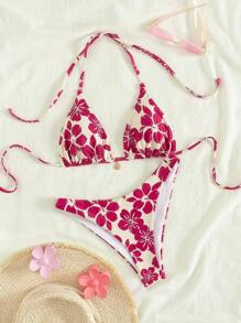2025 New European And American Style Women Beach Vacation Fashion Swimsuits, Sexy Floral Print Halter Bikini Two Pieces Sets, Beach Party Casual Outfits