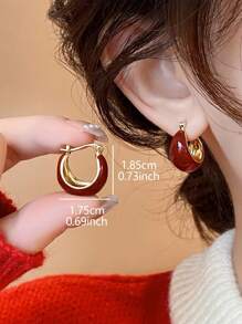 1 对奢华简约复古法式优雅独特时尚女式环形耳环 - 紅色 - 查看 6