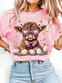 Highlander Cow, Cute Cow, Egg Flower Print Round Neck Short Sleeve T-Shirt, Casual Women Tops Suitable For Spring/Summer, Comfortable For Daily Wear - Pink - View 3