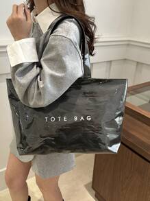 大容量时尚休闲单肩包，防水 PVC 果冻手提包，复古街头风格高端户外露营野餐旅行工作日常使用男女通用背包，带拉链，适合大学生，设计师小众品牌 - 黑色 - 查看 4