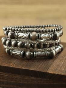6pcs/Set Handmade Style Totem Carved Antique Silver Effect Bead Buttons Stackable Elastic Bracelets Set, Pattern Beads Multi-Piece Stretch Bracelet