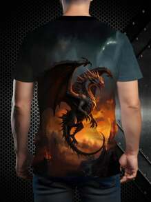 Men's 3D Fire Dragon Print T-Shirt - Casual Short Sleeves, Breathable Polyester Blend, Machine Washable, Outdoor Summer T-Shirt, Outdoor Clothing|Bold Casual