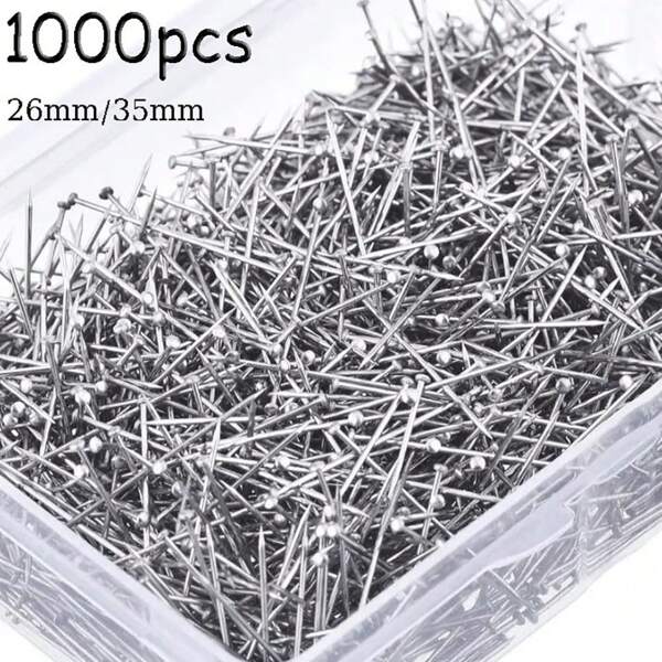 1000PCS 26mm/35mm Straight Pins, Stainless Steel Dressmaker For Sewing With Plastic Boxes, Flat Head, Satin Pins For Jewelry Making, Sewing Crafts