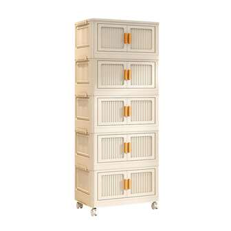 5 Tier Foldable Storage Boxes With Wheels, Stackable Storage Bins With Door, Clothes Shoes Storage Books Toys Snack Organizer Cart For Living Room Bedroom Hallway Office