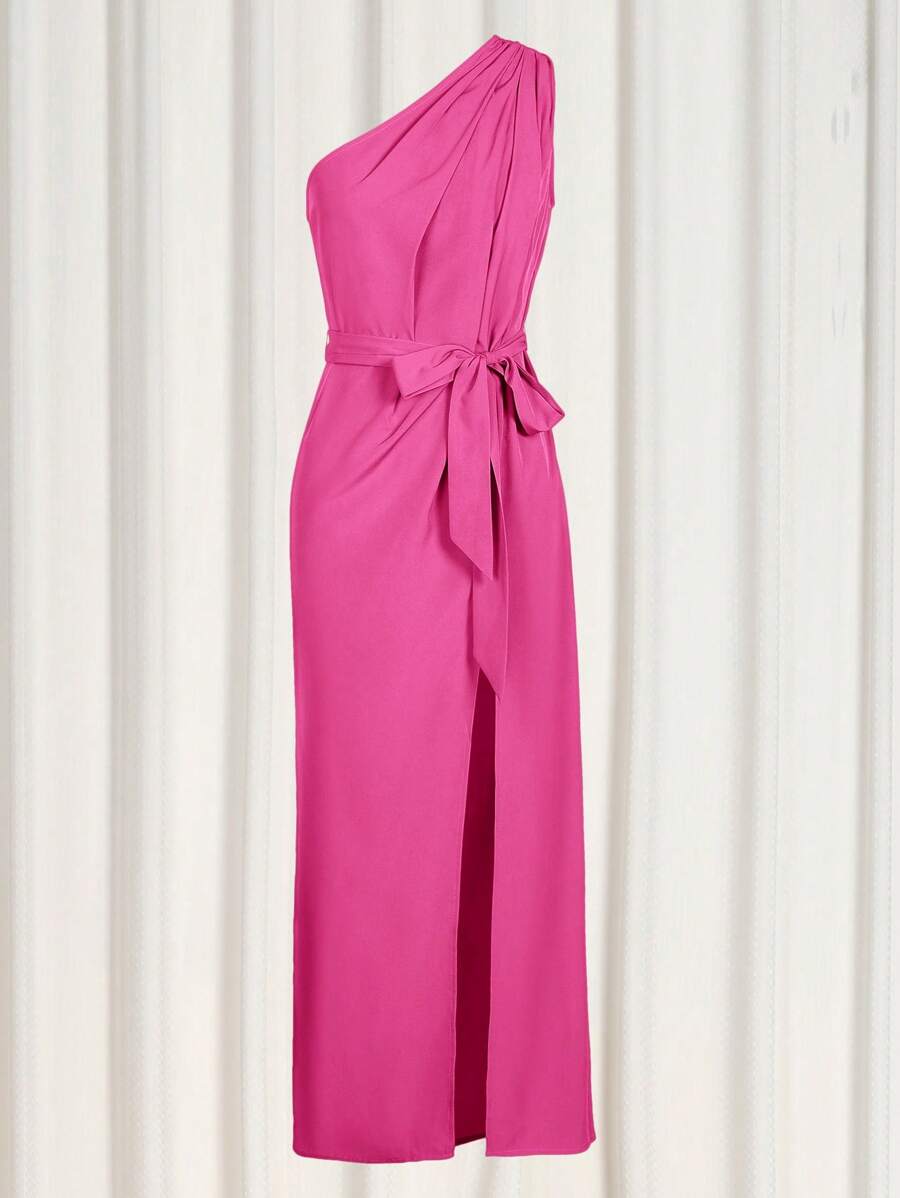 Women's Side Slit One-Shoulder Long Evening Dress With Belt - Hot Pink - View 1
