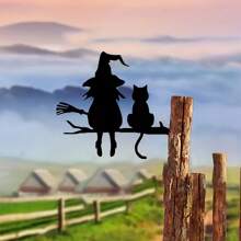 Decoración de pared de silueta metálica - Bruja y gato, adecuada para decoración del hogar, jardín y patio | Regalo ideal para cumpleaños y inauguración de la vivienda