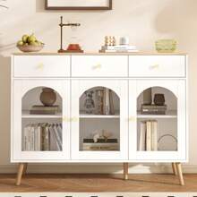 Esszimmerschrank mit Stauraum, Kaffeebarschrank mit 3 Schubladen und 3 gewölbten Türen mit Einscheibensicherheitsglas, TV-Schrank mit Stauraum, Dekoschrank mit 2 Seitentüren mit Einscheibensicherheitsglas, Dekotisch für TV-Entertainment in geschwungenem Design, Kommode weiß 4 Schubladen für Esszimmer, Wohnzimmer, Eingangsbereich, Holzdekor weiß