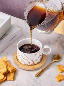 4pcs/Set Ceramic Marble Coffee Cup Set With Gold Stand, Including 4 Cups, 4 Saucers, 4 Spoons, Available In Turquoise Flower Design, 180ml Cappuccino/Latte Cups With Marble Pattern In Black Or White, Handled Espresso Cups
