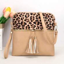 Casual Leopard Pattern Crossbody Bags For Women, Vintage Style Double Tassel Shoulder Bag For Daily Used Gift - 卡其色 - 查看 6