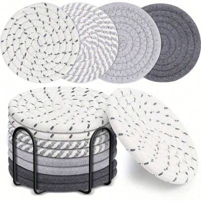 Set de 4/8 posavasos tejidos, posavasos redondos absorbentes para bebidas, posavasos hechos a mano de tela, juego de posavasos absorbentes con bandeja, estilo bohemio