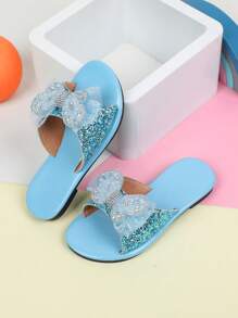 1 Pair Girls' Fashionable Glitter Butterfly Slide Sandals, Flat, Suitable For Summer