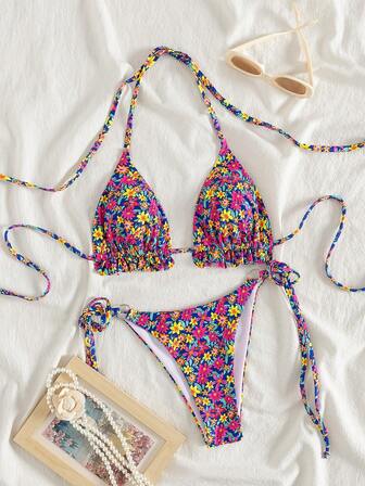 2 件套女士花卉印花系带吊带比基尼泳装，舒适涤纶面料，适合海滩、泳池派对和休闲穿着