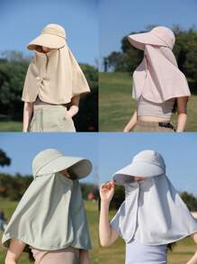 1pc Solid Color Large Brim Hat With Detachable Face Mask, Shoulder Cape For Sun Protection Polyester, Spring Season
