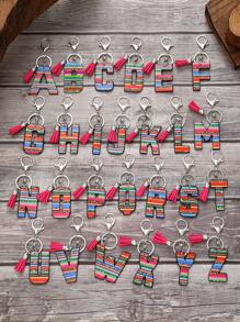 1 pièce Porte-clés avec pompon moelleux arc-en-ciel rayé lettre style coréen, pendentif imprimé léopard, convient comme cadeau - Multicolore - Voir 2