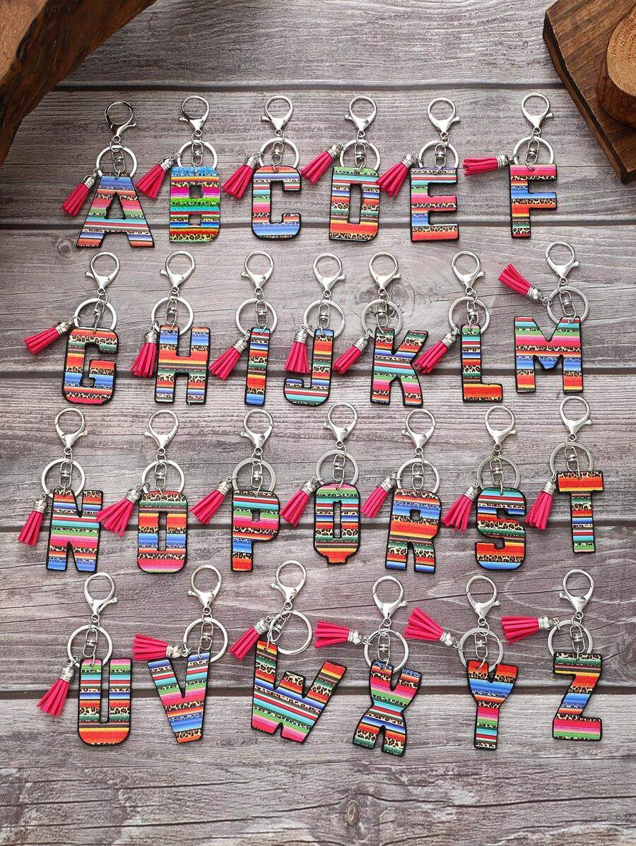 1 pièce Porte-clés avec pompon moelleux arc-en-ciel rayé lettre style coréen, pendentif imprimé léopard, convient comme cadeau