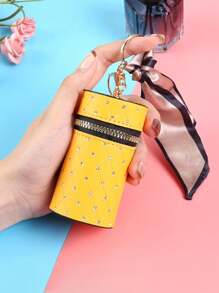 1PC Printed Lipstick Coin Cylinder Wallet, Lipstick Organizer, Retro Classic Pouch With Scarf Decor Zipper Portable Multifunctional Bag Vintage Key Bag, Decor Multi-Functional Women's Lipstick Barrel Keychain Pendant Key Chain Charms Car Accessories Women Wallet Keychain Jewelry Box Mini Bag Keychain
