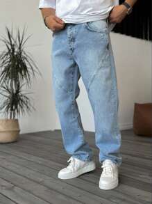 Jeans rectos clásicos para hombre con inserción de parche y bolsillos, casuales y versátiles