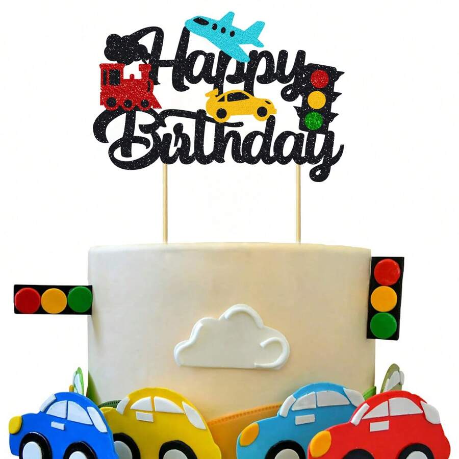 1Pc Transportations Cake Topper Transportation Traffic Light Happy Birthday Cake Topper For Traffic Vehicle Bus Car Train Plane Ship Themed Birthday Party Supplies