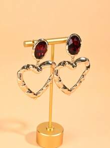 1 Pair Fashionable Hollow Heart Gemstone Alloy Heart Tassel Long Dangle Earrings For Women