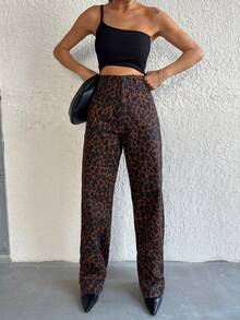 Jeans de tiro alto para mujer con estampado de leopardo, jeans de mezclilla largos, casuales y para uso diario