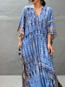 Plus Size Printed Long Beach Dress, V-Neck Batwing Sleeve Split Long Dress For Women