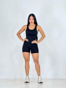 Seamless Ribbed Sports Jumpsuit, Gym Romper - màu đen - Xem 5