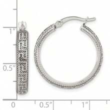 Jewelryweb  925 Sterling Silver Textured Greek Key Large Round Hoop Artisan Oxidized Earrings - 26.1x4.35mm