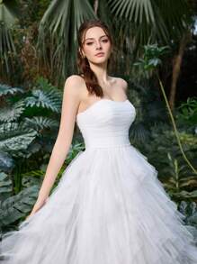 Elegant Minimalist Midi Dress With Polyester Tulle & Cascading Tulle Skirt | Wedding Guest Dress For Bridesmaid Events & Nature-Inspired Weddings & Summer Garden Parties - White - View 9