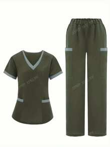 Ensemble uniforme de Top manches courtes et pantalon avec coutures bicolores pour femmes