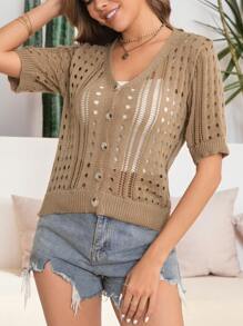 Women Solid Color Simple Casual Hollow Out Short Sleeve Cardigan