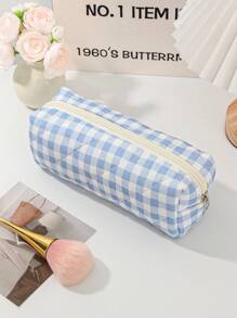 1 Pieza Bolsa de maquillaje con estampado de tablero de ajedrez para mujer, juego de bolsas de cosméticos azules lindas para decoración del hogar, bolsa con capacidad grande con asa, bolsa de maquillaje a cuadros azules, adecuada para almacenar brochas de maquillaje, lociones, limpiadores faciales, lápices labiales, pequeña bolsa de belleza para salones de uñas