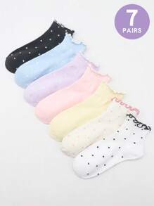 7 双女士休闲袜，卡通波尔卡圆点和荷叶边装饰设计，柔软舒适宽松袜子，适合日常、居家、办公室、学校、运动穿着 - 彩色 - 查看 7