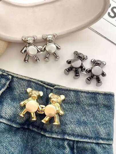 3pairs Cute Bear-Shaped Adjustable Waist Buttons For Jeans - Metal Tightening And Loosening Fasteners , Belt Loop Accessory|Decorative Buttons|Metal Construction, Buttons For Clothes