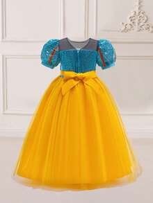Tween Girls' Shiny Sequin Puff Sleeve Tulle Princess Dress, Suitable For Parties - Yellow - View 4