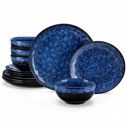 vancasso 12 Pieces Dinnerware Set, Blue Set, Dinner Plate, Dessert Plate And Bowl Set For 4 Person, Ceramic Dinnerware