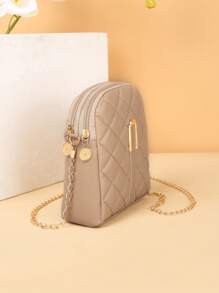 New Metallic Accessory Rhombus Design Women Crossbody Bag - Khaki - View 3
