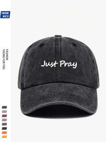 1 件高品质都市风格复古水洗“Just Pray”印花时尚棒球帽男女通用，可调节贴合度，防晒，编织涤纶材料，是送给家人和朋友节日的理想礼物，适合休闲和度假 - A - 查看 5