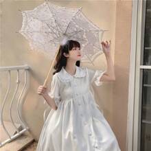 1pc Lolita Style Peter Pan Collar Bowknot Puff Sleeve Ruffle Hem Dress, Suitable For Daily Wear In Summer Halloween