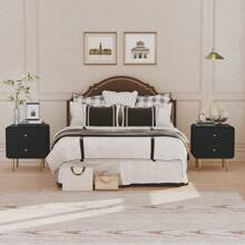 20" Modern Fluted Nightstand Set Of 2, White Wood Bedside Table With 2 Drawers & Gold Metal Handles - 黑色 - 查看 5
